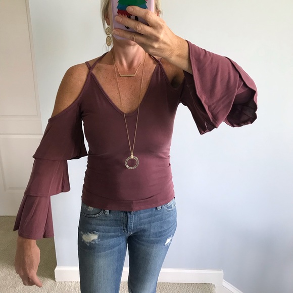 Plum Color Ruffle Bell Sleeve Top - Picture 7 of 8